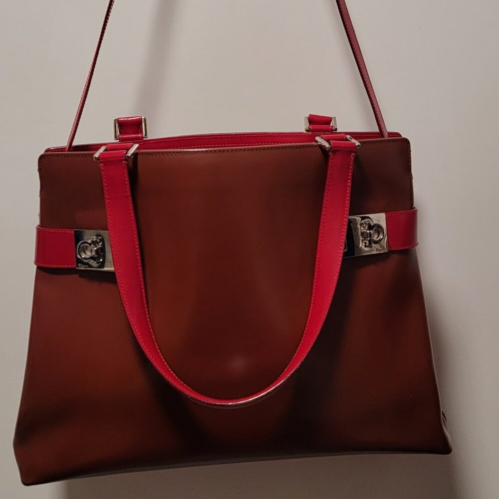Salvatore Ferragamo Patent Leather Tote Purse Cognac Burgundy Red Gold Crossbody